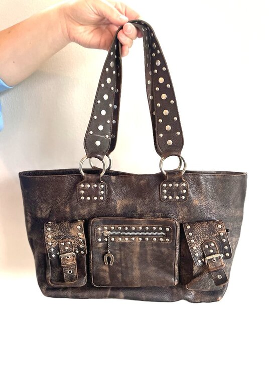 Betsey Johnson Vintage, Rare, Distressed Leather Shoulder  Betsey Johnson Vintage Brown Distressed Leather Large Studded Shoulder Hobo Bag